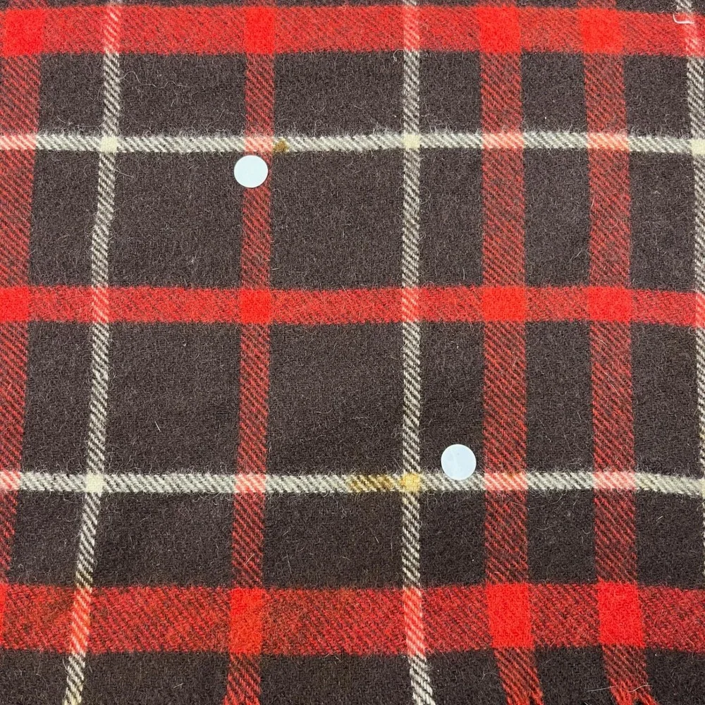 Vtg 60s Seymour Wool Blanket 64x55 All Wool Brown Red Plaid Fringe Made in USA